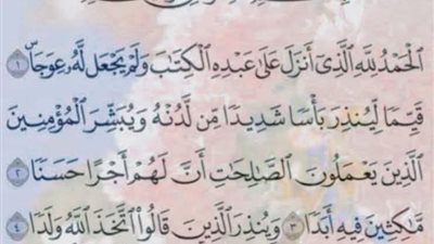 فاي سورة وردت الأية ﴿الْحَمْدُ لِلَّهِ الَّذِي أَنزَلَ عَلَى عَبْدِهِ الْكِتَابَ وَلَمْ يَجْعَل لَّهُ عِوَجًا﴾
